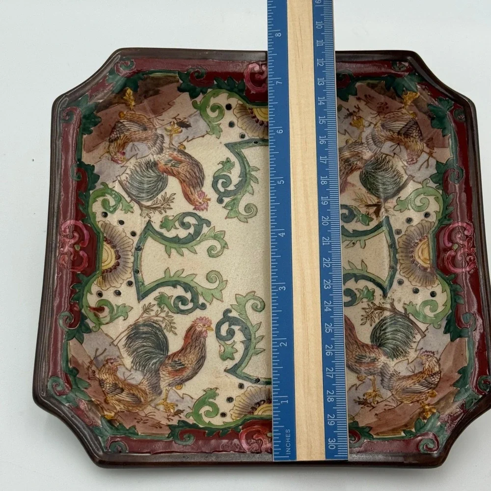 Vintage Decorative Rooster Ceramic Square Bowl Hand Painted Farmhouse Decor 8in